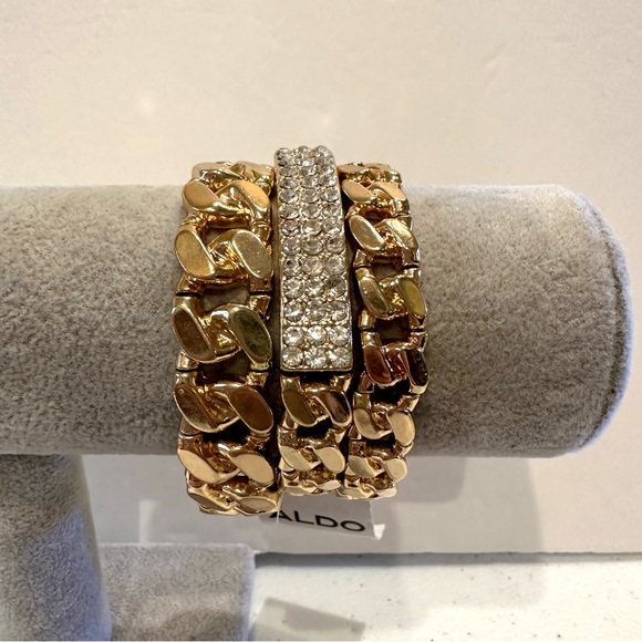 NWT ALDO Set of 3 Bracelets gold tone stretch - ID style, clear rhinestones - Picture 7 of 14